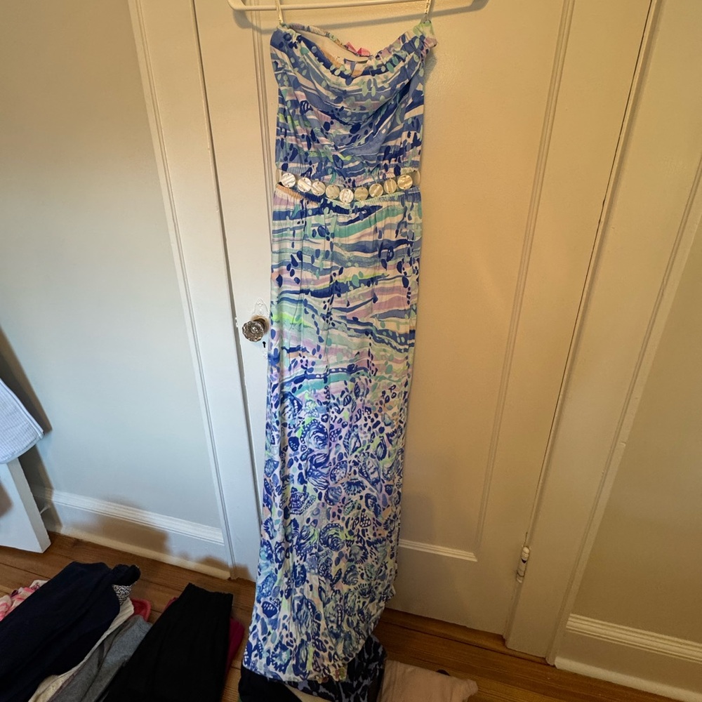 Strapless Blue & Green Printed Maxi Dress